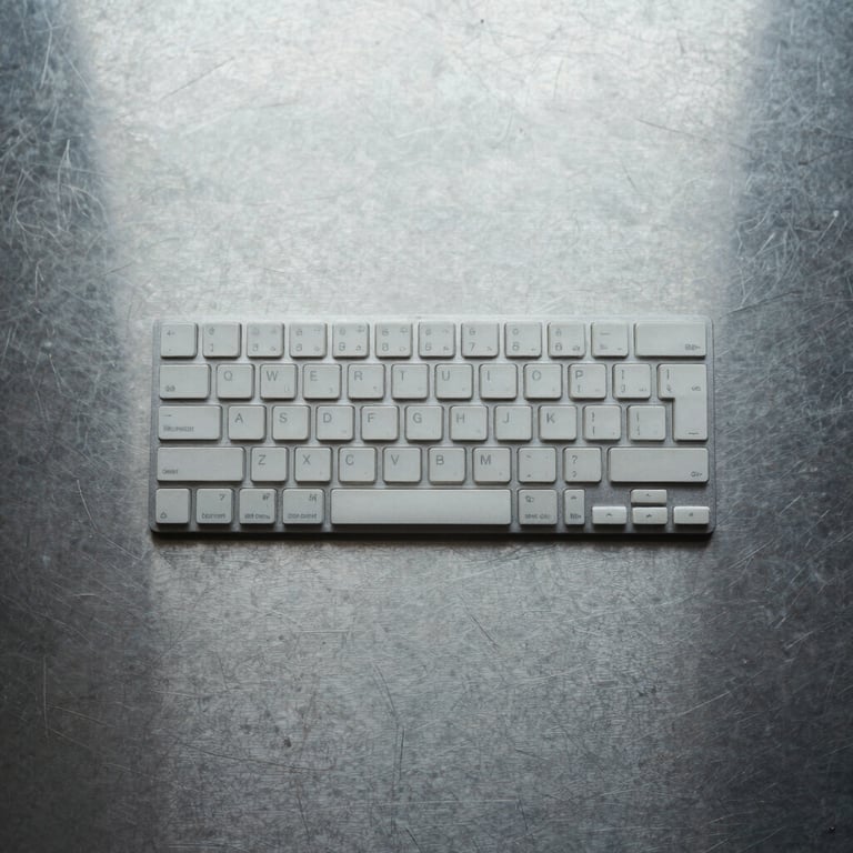 Top-down flat lay of physical keys on a clean steel surface, cool overcast daylight, sharp shadows, high contrast.