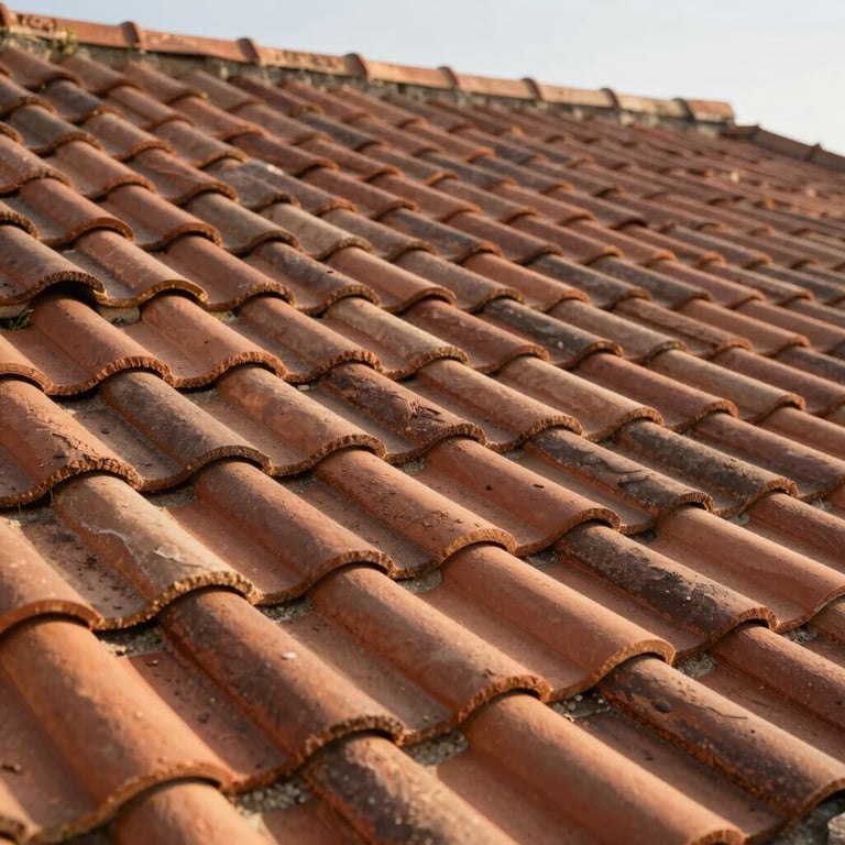 Detail of hand-laid terracotta tiles on a French countryside roof, warm sunlight.