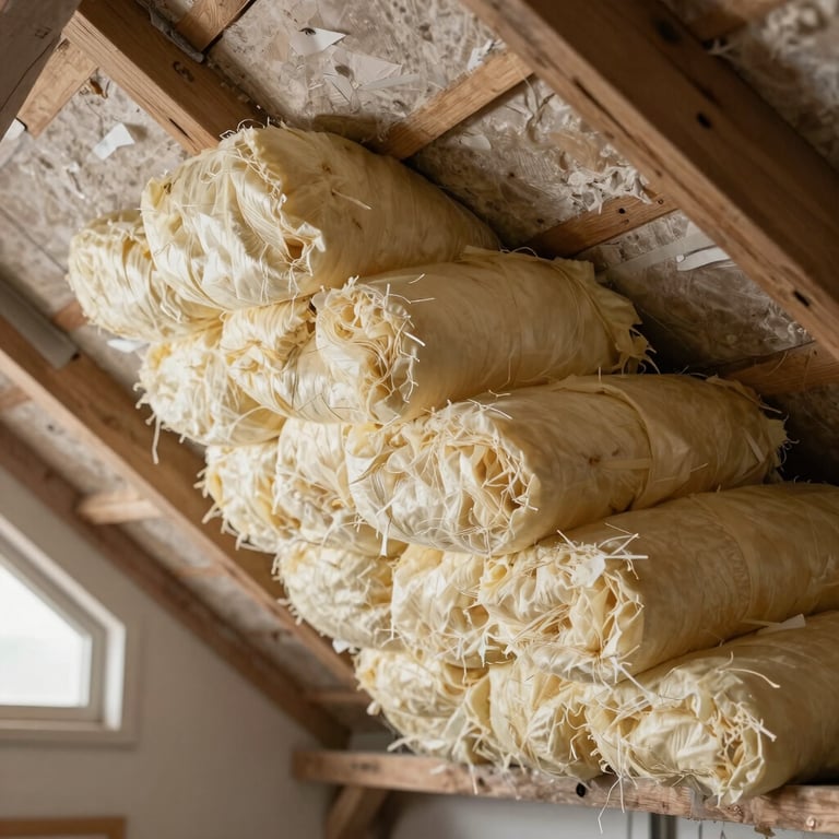 Close-up of thick attic insulation being installed for energy efficiency.