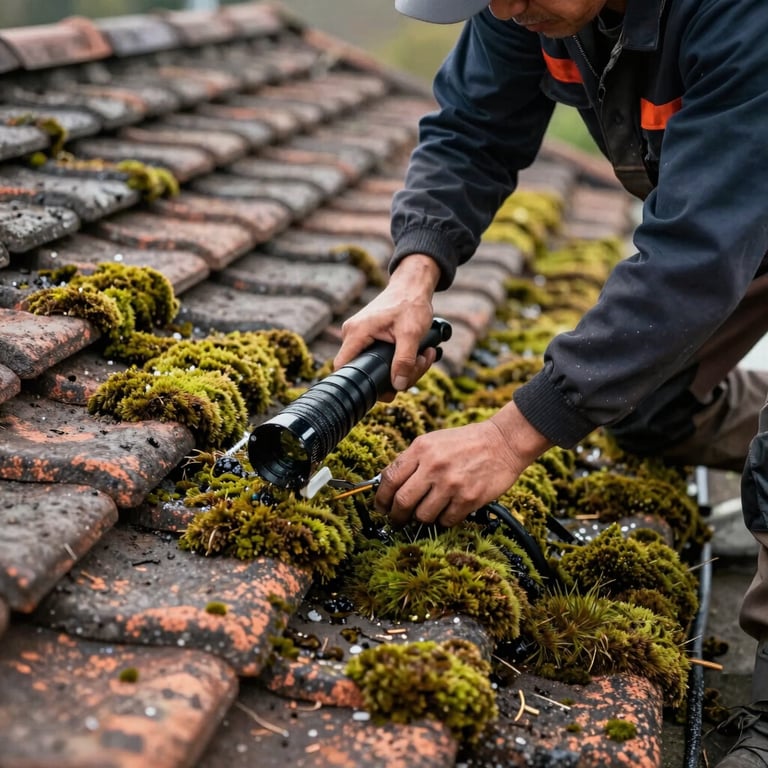 Technician performing a roof demoussage, cleaning moss from tiles safely.