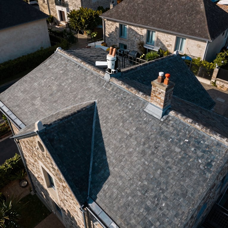 Aerial view of a perfectly repaired slate roof in a French suburban area.