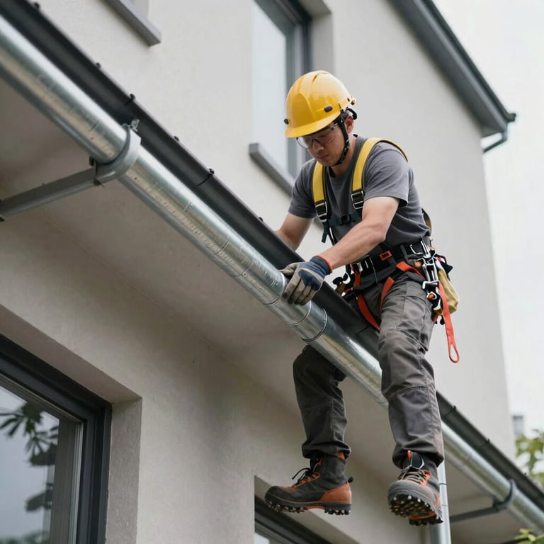 A roofer inspecting the zinc guttering of a modern building, precision work.