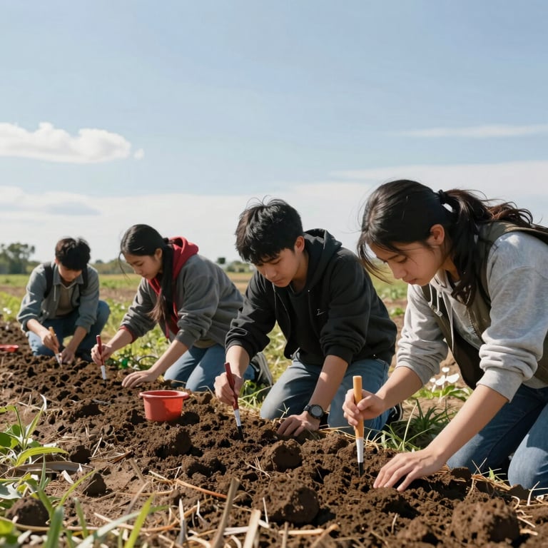 Students conducting environmental soil testing in a rural field under a bright North American sky.
