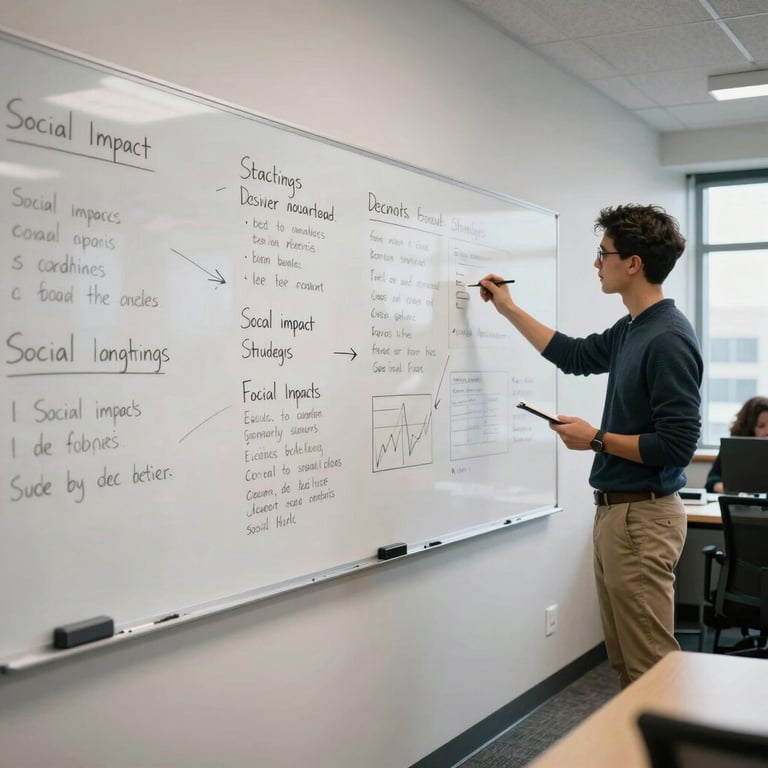 A bright, collaborative workspace in a US institution with whiteboards filled with social impact strategies.