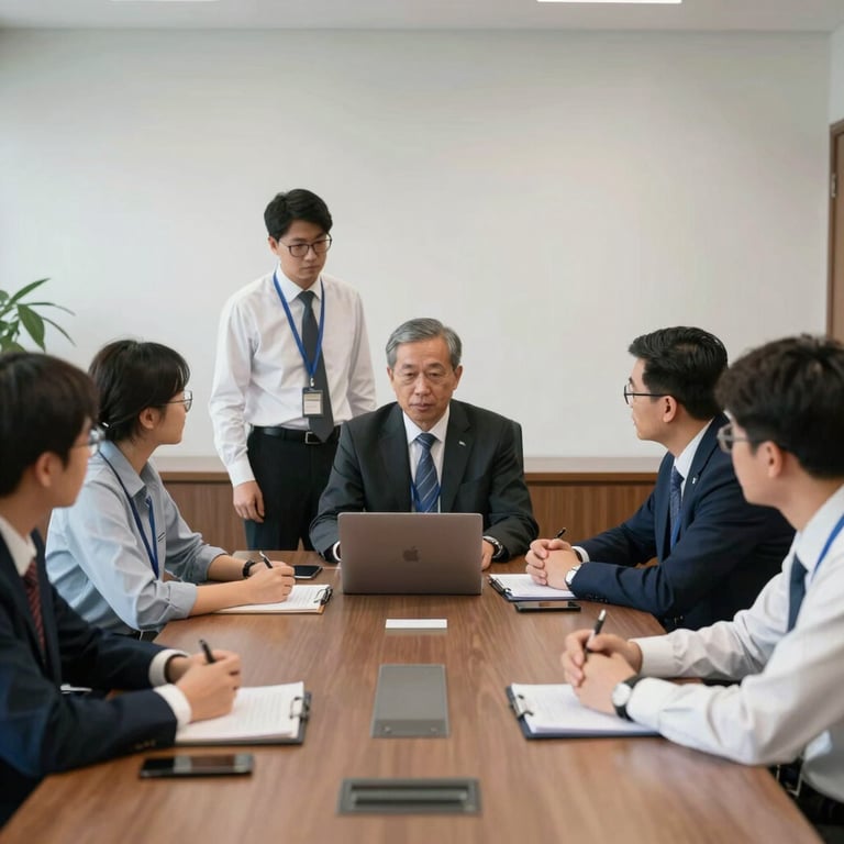 A collaborative meeting between university researchers and local government officials in a professional office setting.