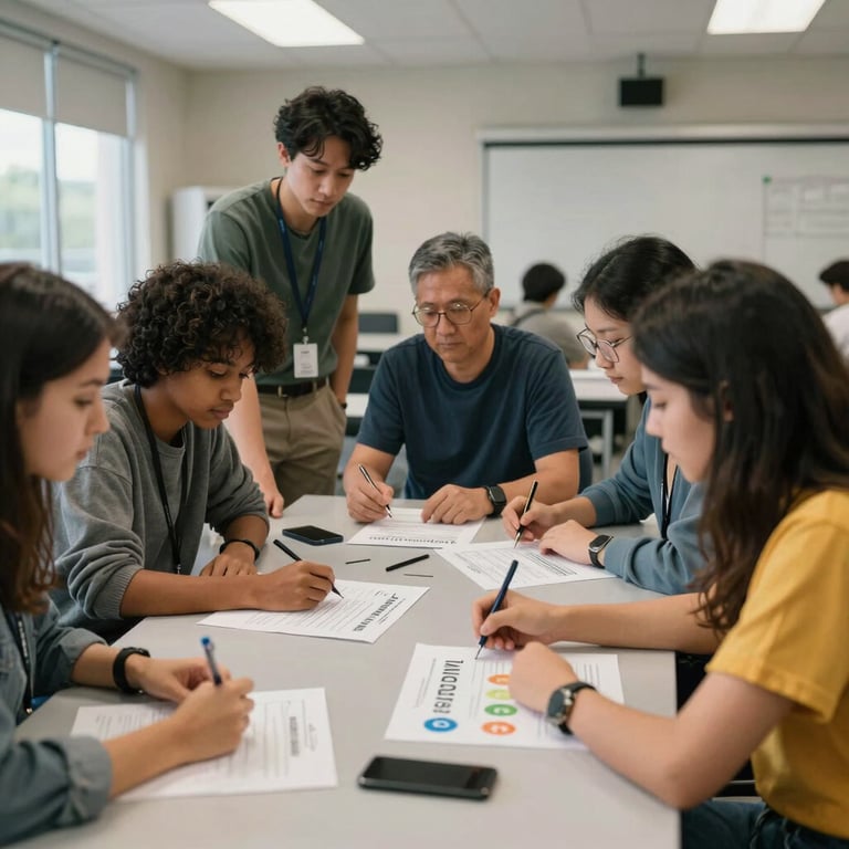 A modern community college classroom where adult learners and students work together on economic development plans.