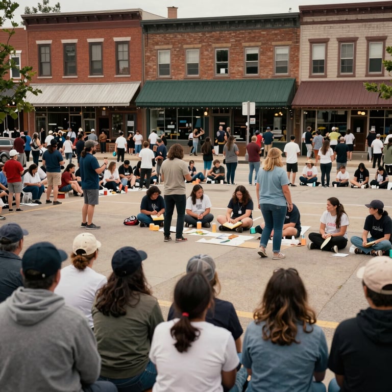 A community celebration in a North American town square highlighting the results of a service-learning project.