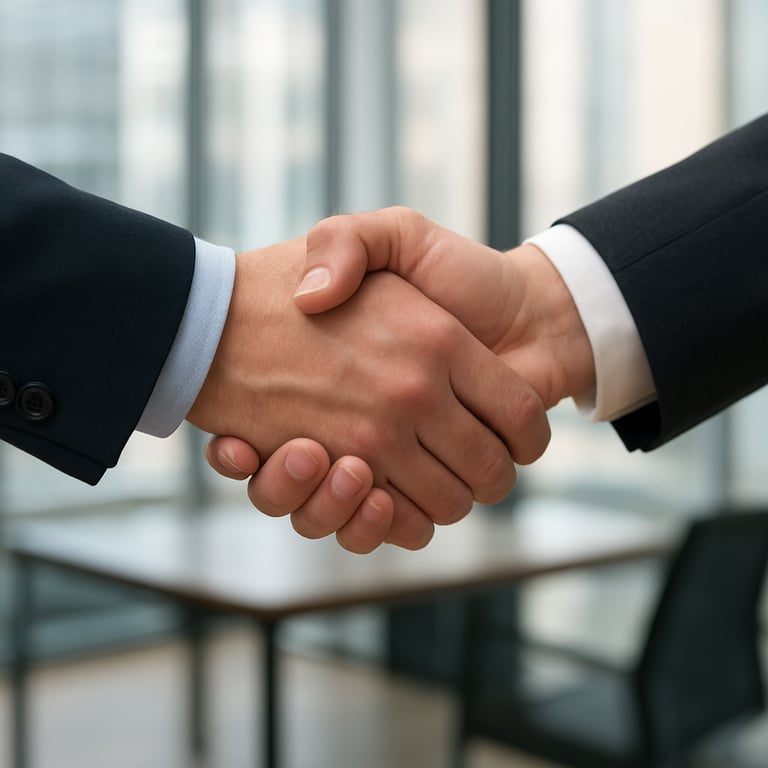 A close-up of a firm, professional handshake between two business partners in a contemporary office, symbolizing reliability and successful collaboration.
