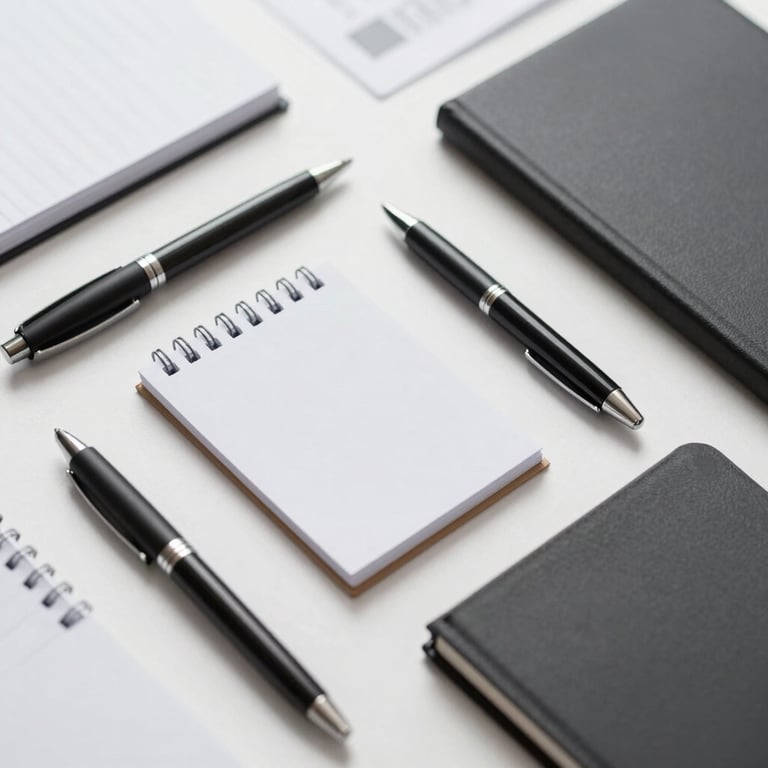 A selection of professional office supplies and stationery, including sleek pens and notebooks, shot from a top-down angle with professional lighting.