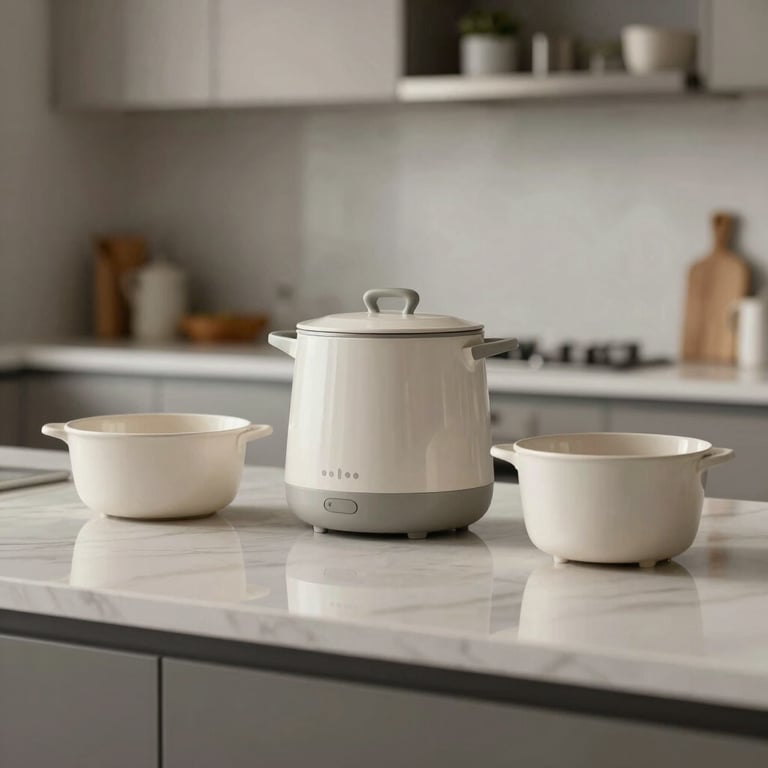 Modern, high-quality kitchenware and home gadgets displayed on a minimalist counter, reflecting a sophisticated and dependable home & kitchen aesthetic.