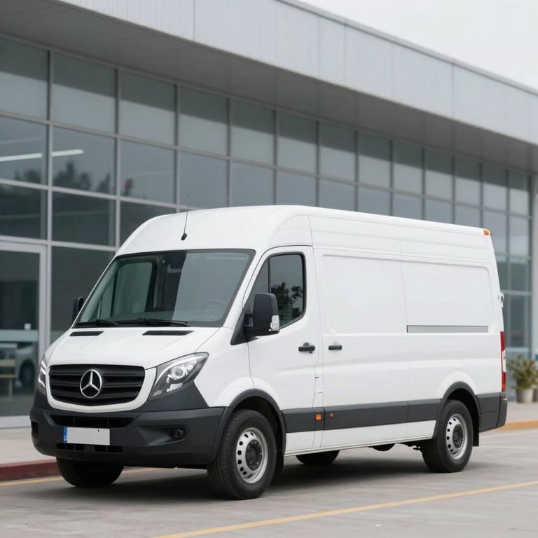A clean, modern logistics vehicle with professional branding parked outside a bright, glass-fronted distribution center, representing efficient distribution.