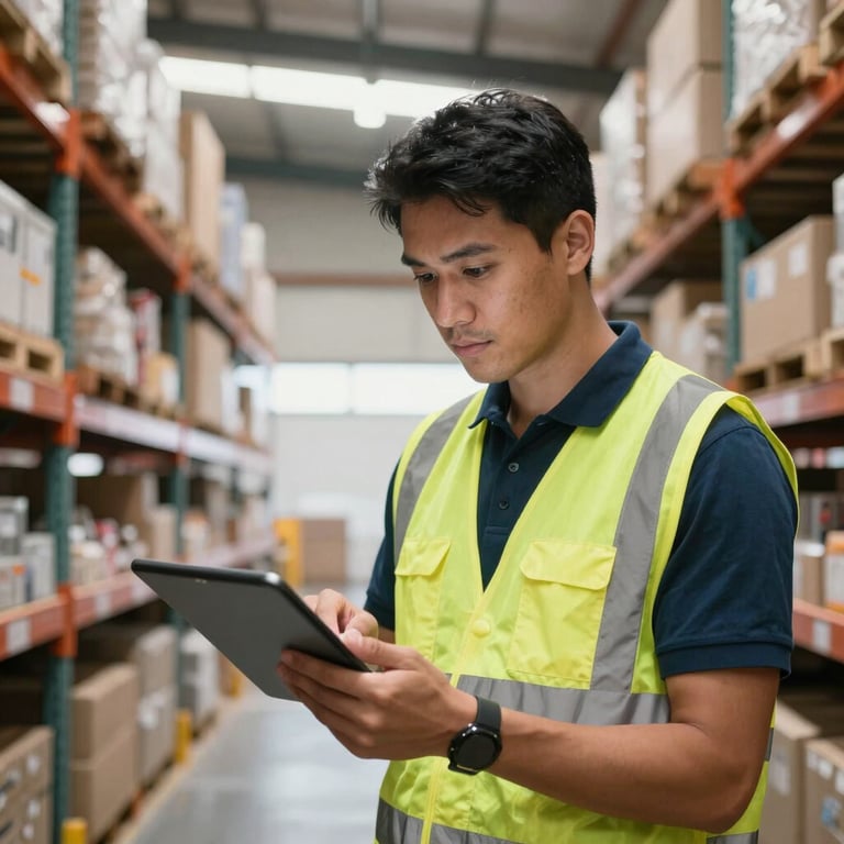 A South American logistics coordinator checking inventory on a digital tablet in a bright warehouse.