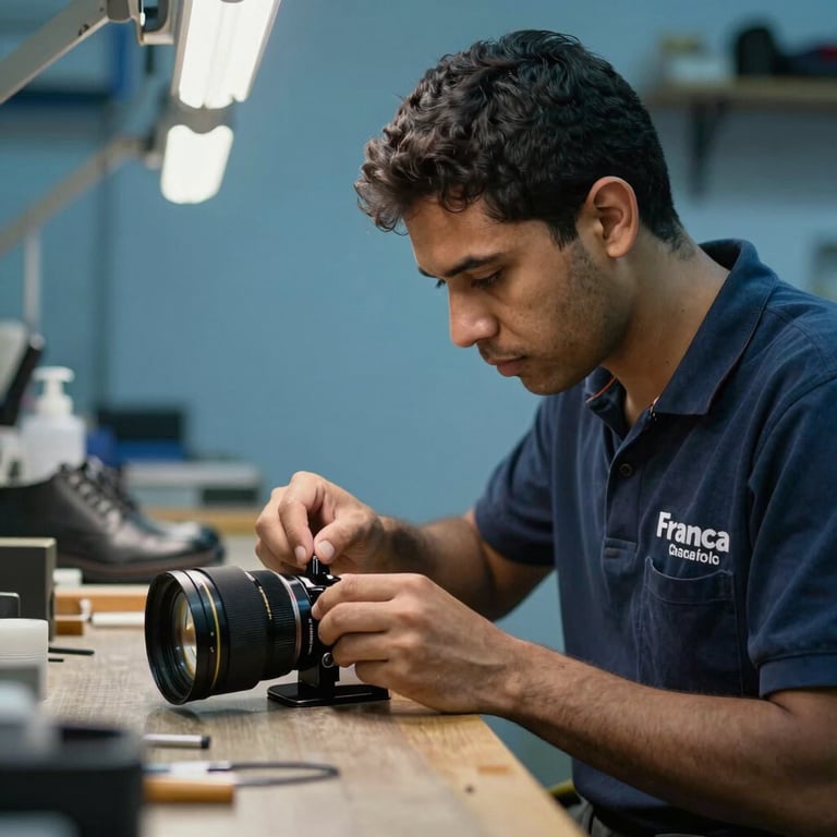 A focused South American technician working in a specialized footwear workshop in Franca, Brazil, medium blue lighting.