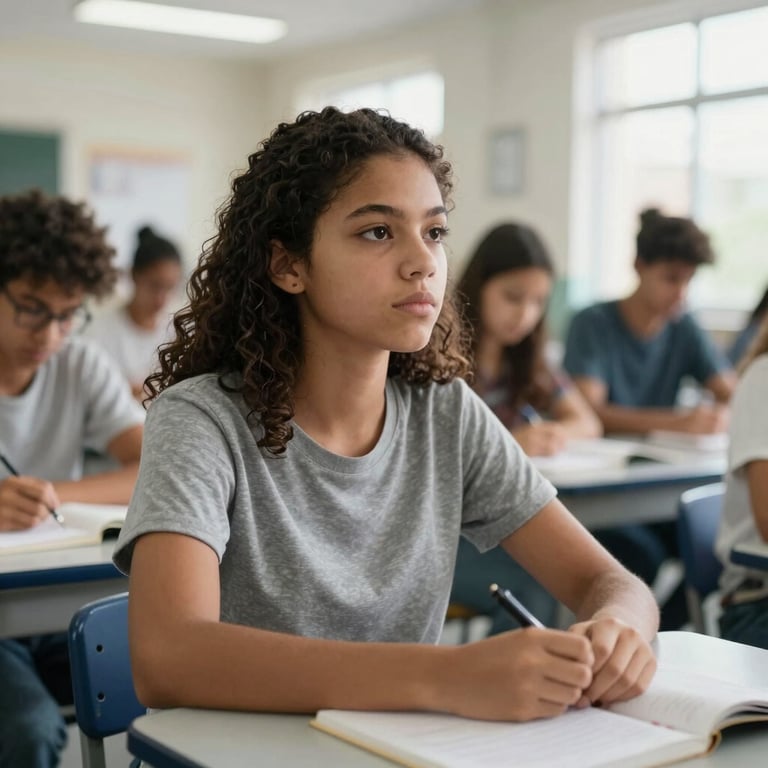 A young Brazilian student in a modern classroom setting, looking toward a bright future.