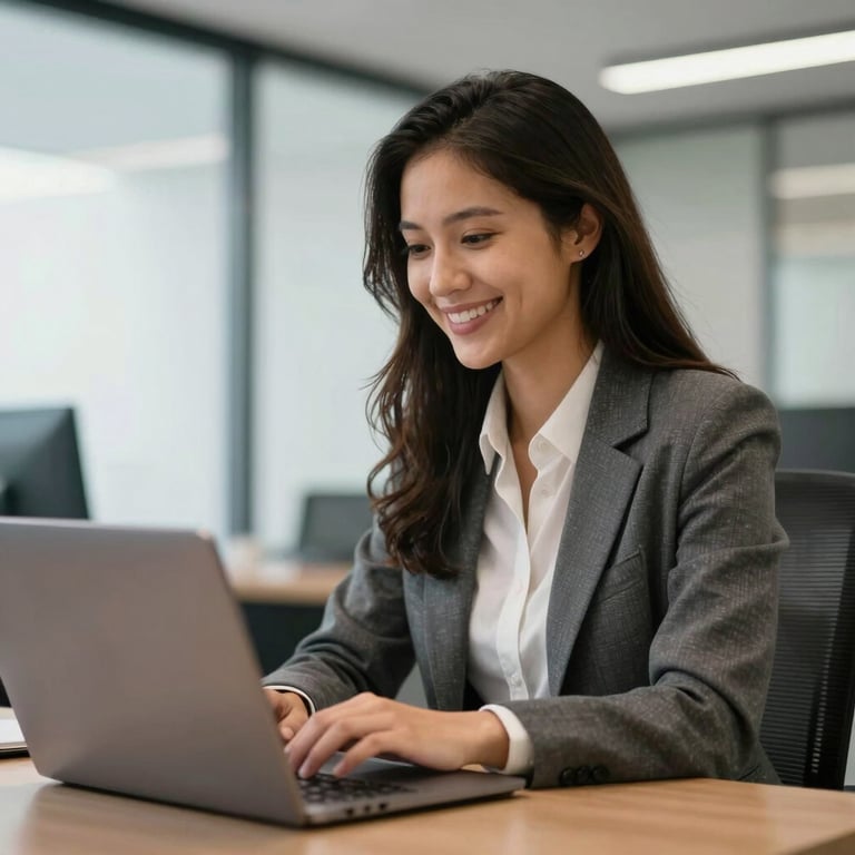 A Brazilian office professional smiling while working on a laptop in a modern corporate setting, clean and professional.