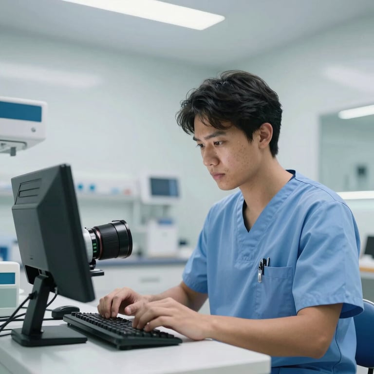 A healthcare professional in Brazil working in a bright, modern medical facility, light blue accents.