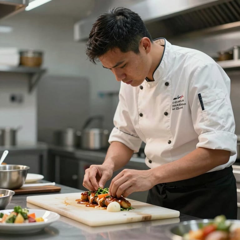 A culinary professional in a clean, professional Brazilian kitchen, preparing high-quality food with care.