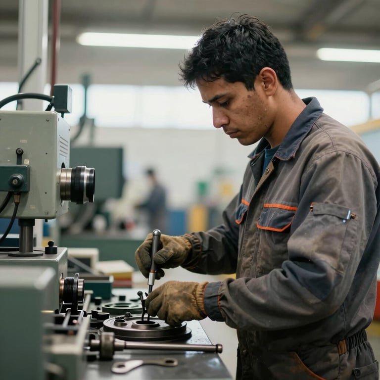 An industrial worker in Brazil expertly handling tools in a bright, clean manufacturing environment.