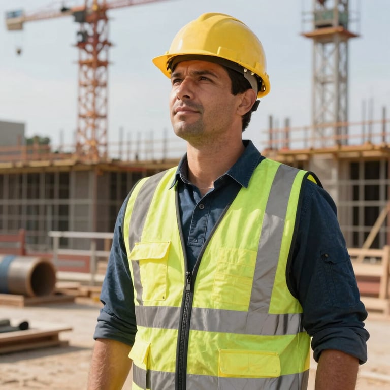 A Brazilian civil engineer in professional attire standing at a construction site in Franca, hopeful expression.