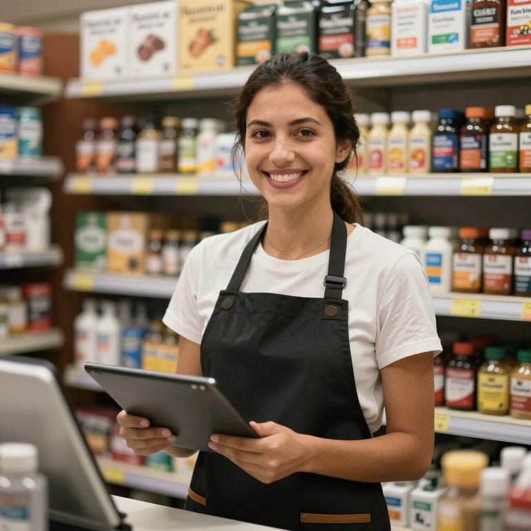 A friendly retail clerk in a well-organized Brazilian store, providing excellent customer service.