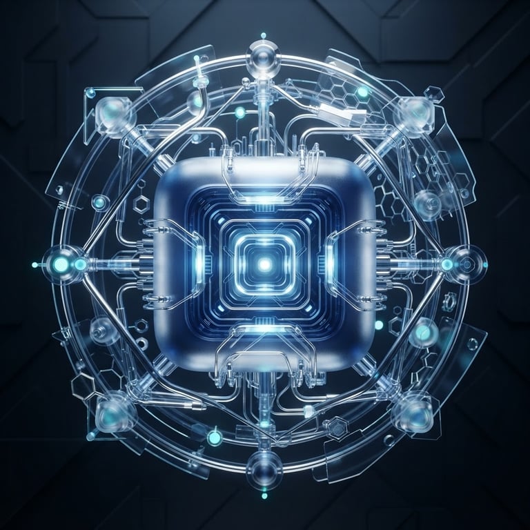 Precise 3D render of a glassmorphic technology core, floating navy rounded cube with silver connections, cool studio lighting with subtle blue reflections on glass surfaces
