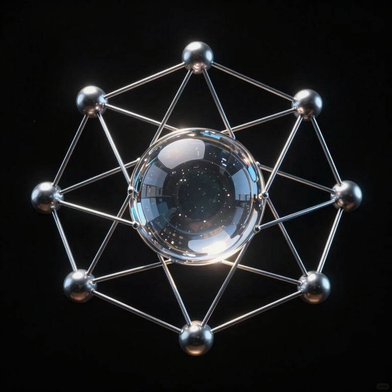 A dark, sleek 3D network visualization with metallic silver nodes connecting to a central glowing glass sphere, high-contrast rim lighting, clean black background.