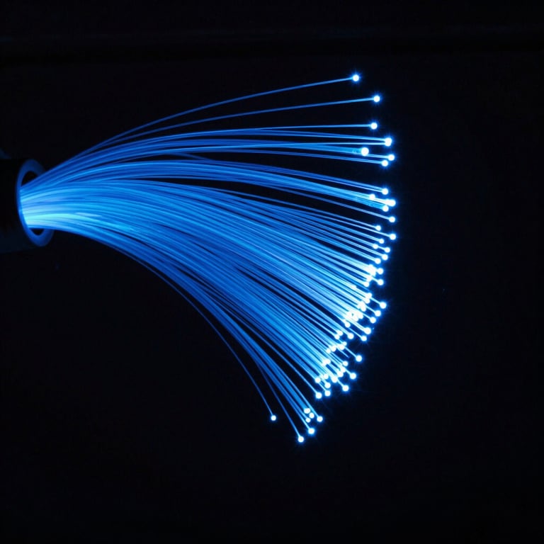 An abstract photography shot of glowing blue fiber optic cables against a dark, professional backdrop.