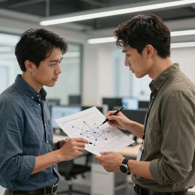 Two IT professionals in business casual attire discussing network schematics in a modern, well-lit hub.