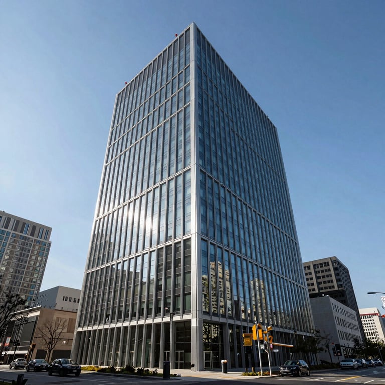 A wide shot of a sleek modern office building in a North American business district under a clear blue sky.