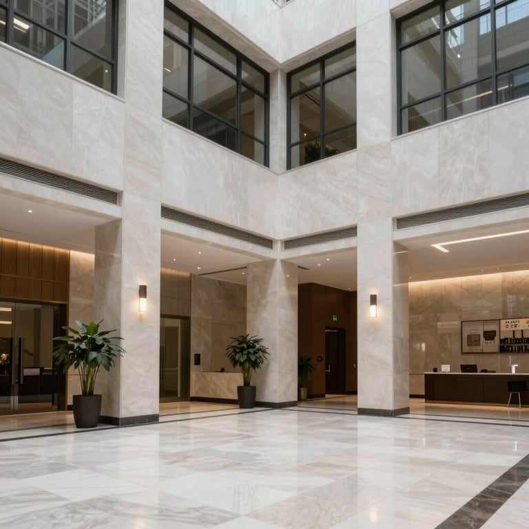 A high-end corporate lobby in a US city with clean architectural lines and a professional, welcoming atmosphere.