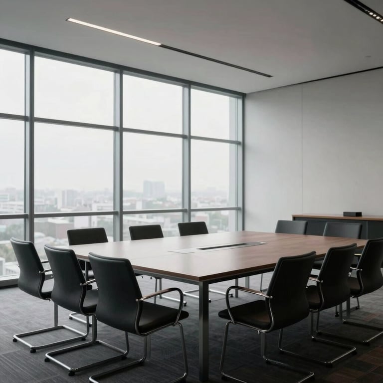 A minimalist conference room featuring a large table and floor-to-ceiling windows with soft natural light.