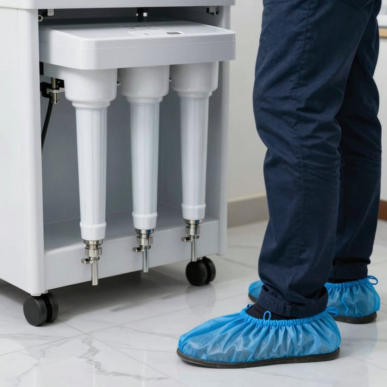 Close-up of a professional technician wearing clean blue shoe covers standing on a spotless white marble floor next to a modern water softener installation.