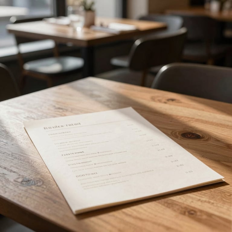 Cozy Scandinavian-style restaurant interior with empty wooden tables, soft natural window light casting gentle shadows, a minimalist menu on crisp parchment paper.