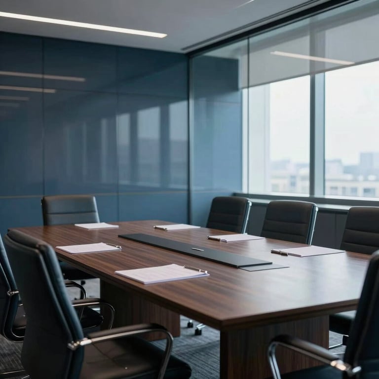 A sophisticated corporate meeting room with glass walls, featuring dark navy and soft blue design elements.