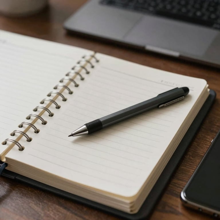 A detail shot of a professional planner and a high-end stylus on a tech-enabled desk, representing precision and efficiency.