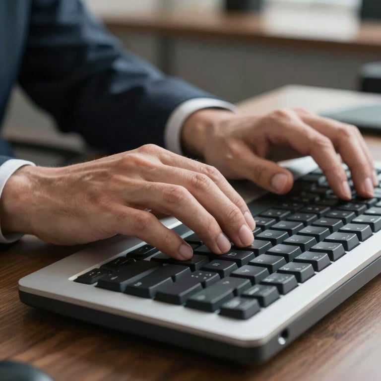 A close-up of a business professional’s hands typing on a high-quality mechanical keyboard in a well-lit office.