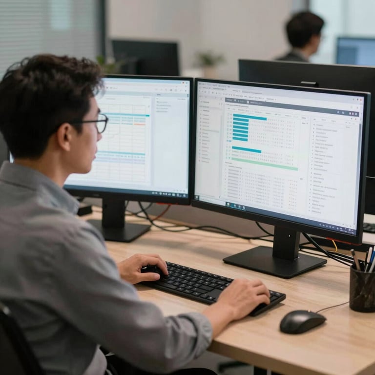 A North American professional analyst reviewing complex data on a high-resolution dual-monitor setup in a modern tech office.