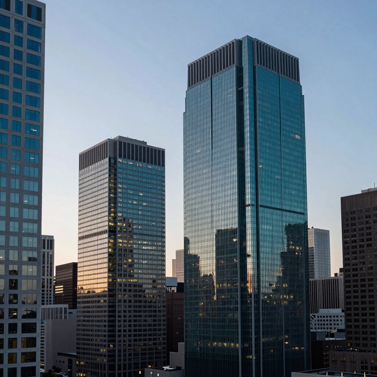 A cityscape of a modern US tech hub at dusk, featuring skyscrapers with teal-tinted windows.