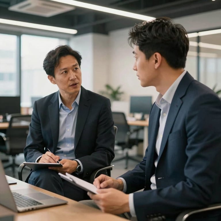 Two professionals in smart casual attire having a productive strategy session in an open-concept office space.