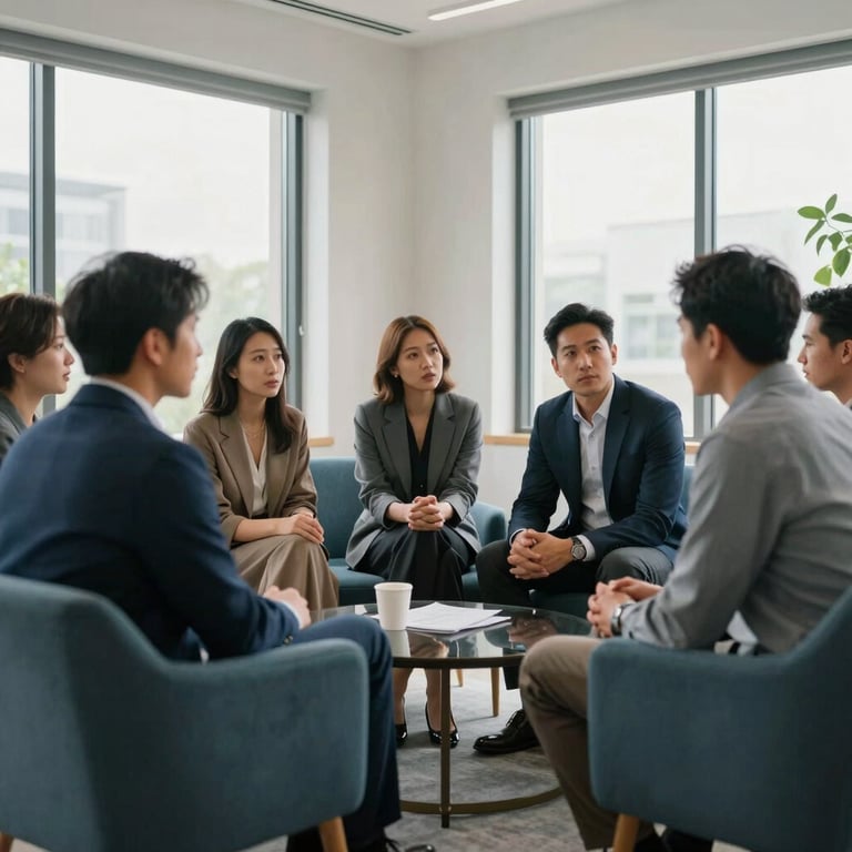A group of North American / US marketing strategists collaborating in a bright, airy room with Muted Blue furniture and large windows.