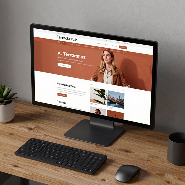 A high-angle shot of a minimalist North American / US home office with a large monitor displaying a Terracotta-themed website layout.