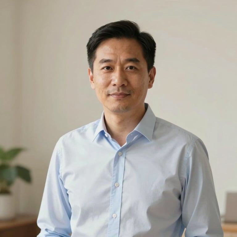 Photography of a branding expert in a crisp shirt in a modern North American / US studio setting with Soft Cream walls.