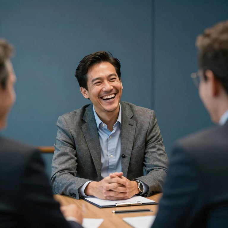 A candid photography shot of a North American / US client laughing during a successful meeting in a professional Muted Blue boardroom.