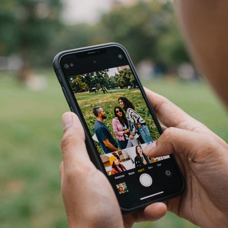 A close-up of a person's hands holding a smartphone in a North American / US urban park, showing a vibrant social media feed.