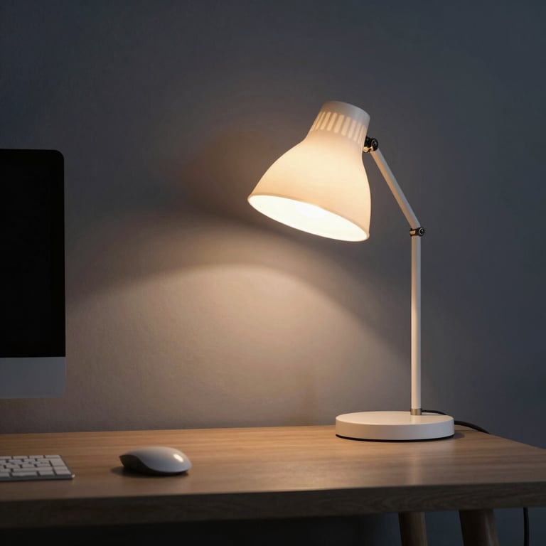 An atmospheric shot of a North American / US workspace at dusk, with a Soft Cream desk lamp and Dark Slate shadows.