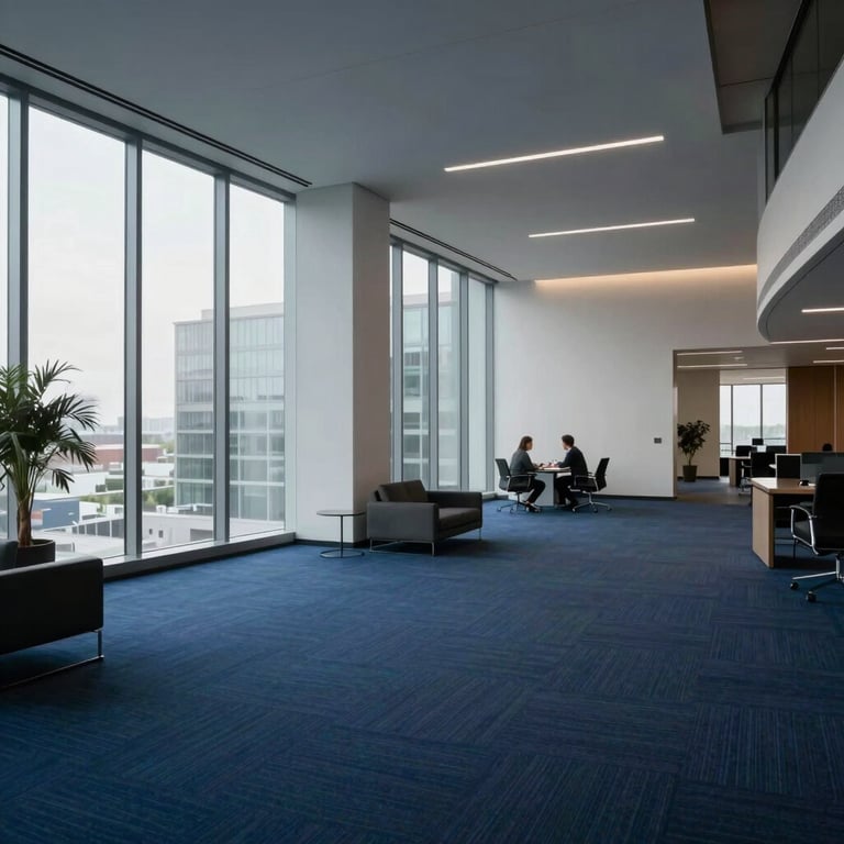 A modern office lobby with minimalist design, midnight blue carpets and large windows, North American / European business.