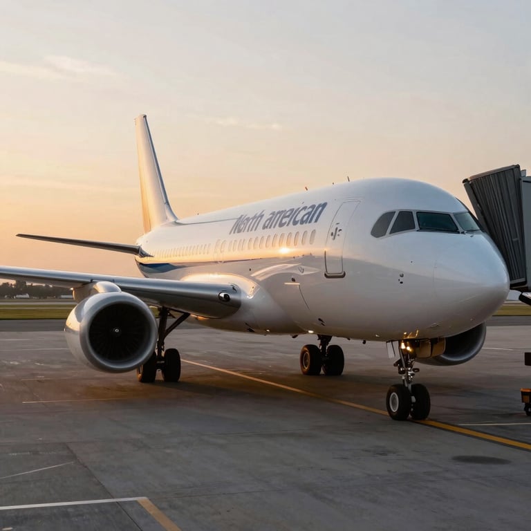 A sleek commercial airplane at a terminal during sunset, capturing the essence of cross-border relocation, warm light, North American / European business.