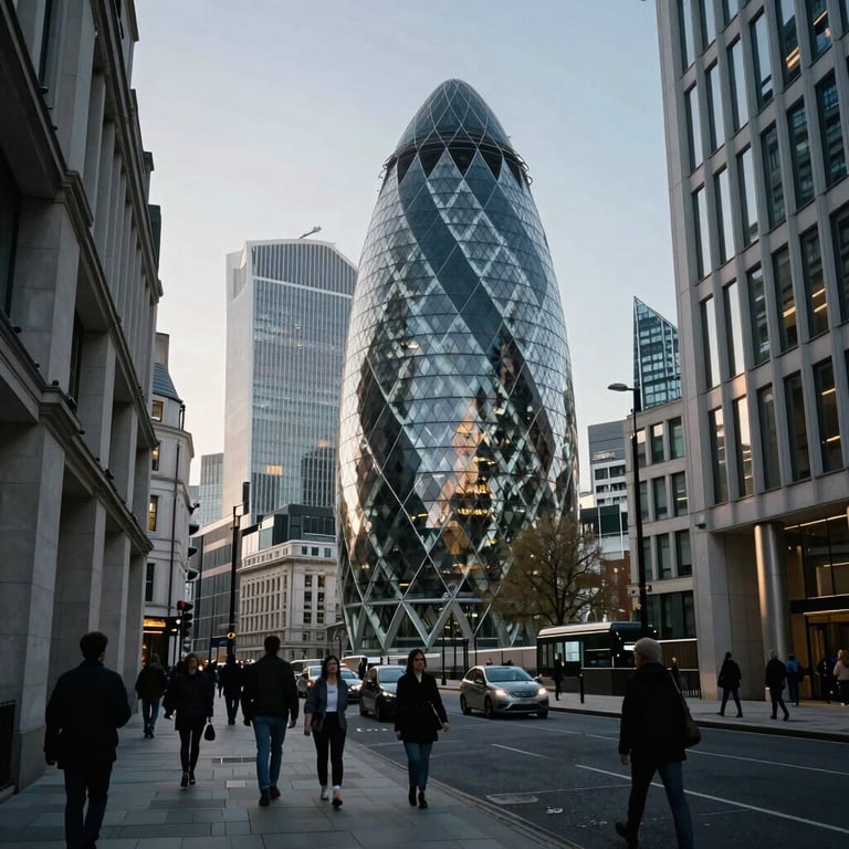 Wide shot of a bustling financial district in London with modern architecture, morning light, North American / European business.