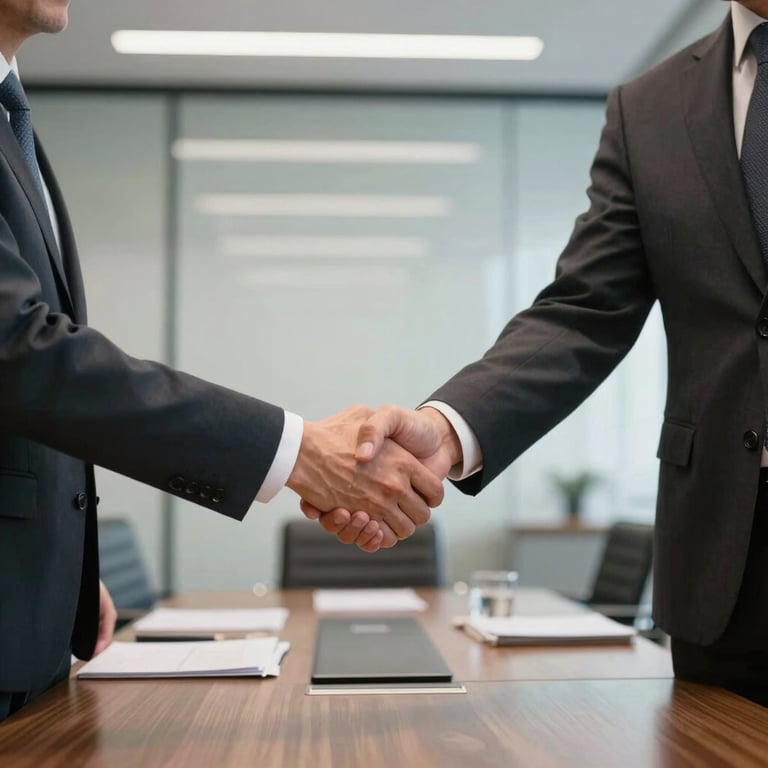Professional handshake between two executives in a modern boardroom, sharp focus, sophisticated atmosphere, North American / European business.