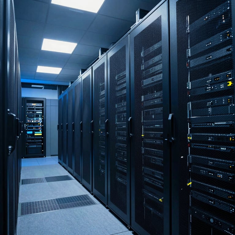 Interior of a high-tech data center with subtle deep sky blue lighting, emphasizing efficiency and security, North American / European business.